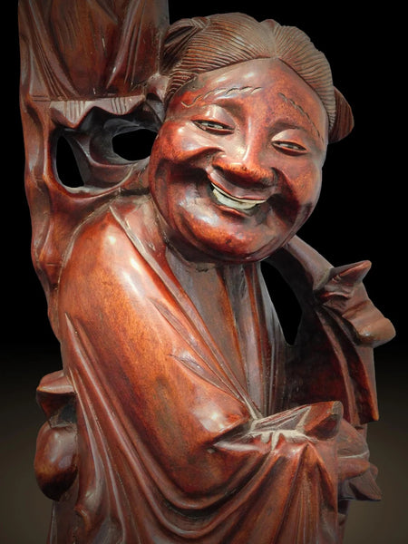 Laughing Taoist Immortal Vintage Chinese Rosewood Buddha Statue 17 inch H 道教大士燭台