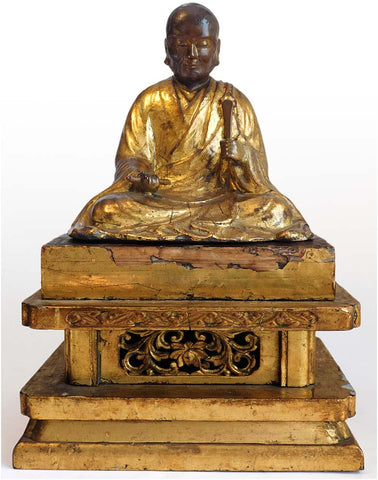Zen Master Nichiren Shonin Antique Japanese Joined Blocks Gold Gilded Wood Statue 日蓮大聖人