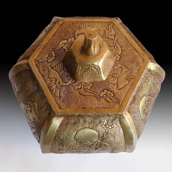 Antique Chinese Six Luohan Arhats Repousse Gilt Copper Urn Marked Great Tang ?????