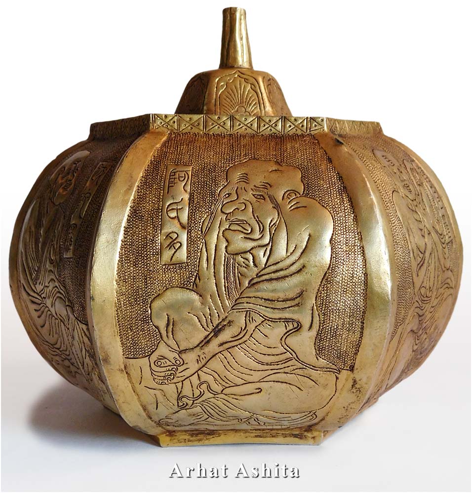 Antique Chinese Six Luohan Arhats Repousse Gilt Copper Urn Marked Great Tang ?????
