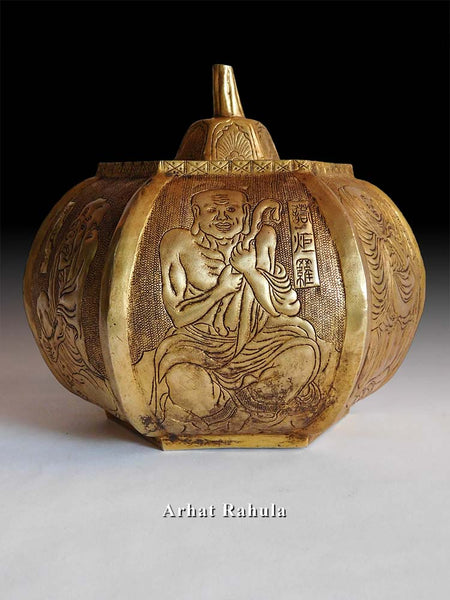 Antique Chinese Six Luohan Arhats Repousse Gilt Copper Urn Marked Great Tang ?????