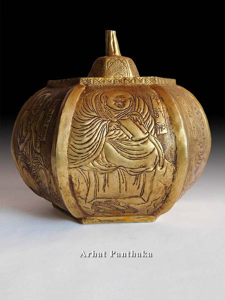Antique Chinese Six Luohan Arhats Repousse Gilt Copper Urn Marked Great Tang ?????