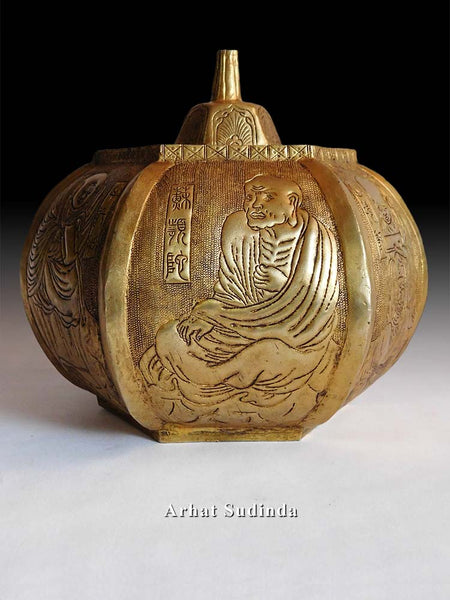 Antique Chinese Six Luohan Arhats Repousse Gilt Copper Urn Marked Great Tang ?????