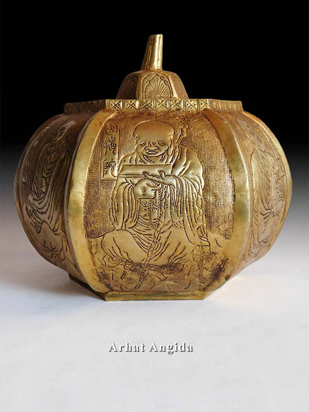 Antique Chinese Six Luohan Arhats Repousse Gilt Copper Urn Marked Great Tang ?????