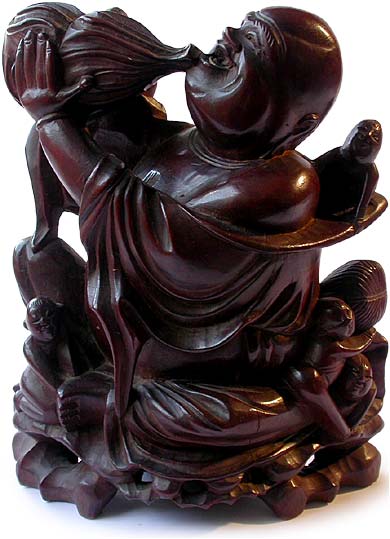 Vintage Chinese Carved Rosewood Lohan Kid Acolytes Statue