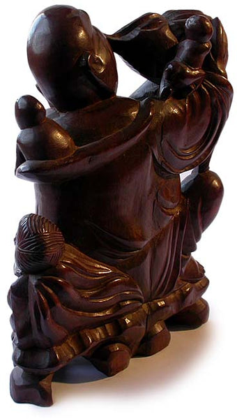 Vintage Chinese Carved Rosewood Lohan Kid Acolytes Statue