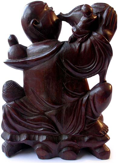 Vintage Chinese Carved Rosewood Lohan Kid Acolytes Statue
