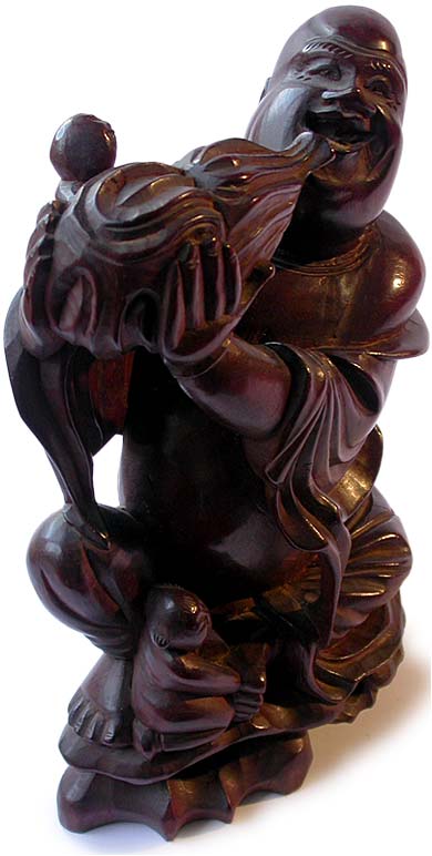 Vintage Chinese Carved Rosewood Lohan Kid Acolytes Statue