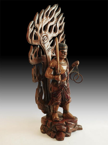 Vintage Japanese Carved Fudo Myoo Acala Immovable Wood Buddha Statue 25”H 不動明王
