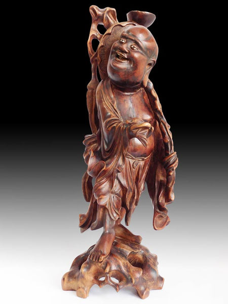 Antique Chinese Fruit Wood Traveling Lohan Arhat Statue