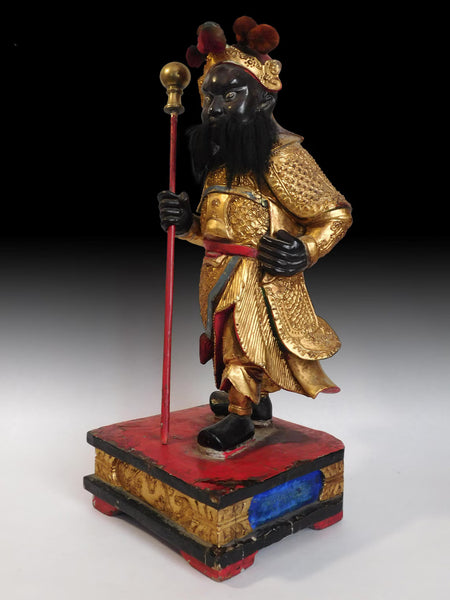 Antique Door Gods Menshen Guardians Polychrome Camphor Wood Statue 門神