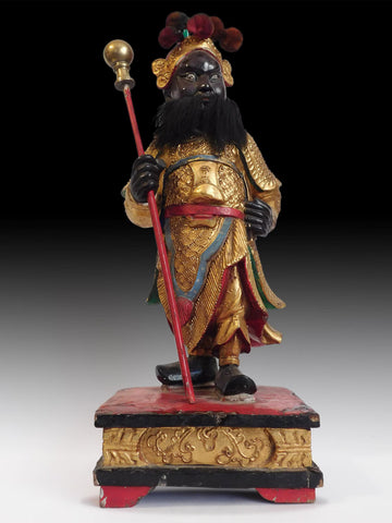 Antique Door Gods Menshen Guardians Polychrome Camphor Wood Statue 門神