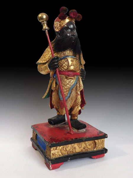 Antique Door Gods Menshen Guardians Polychrome Camphor Wood Statue 門神