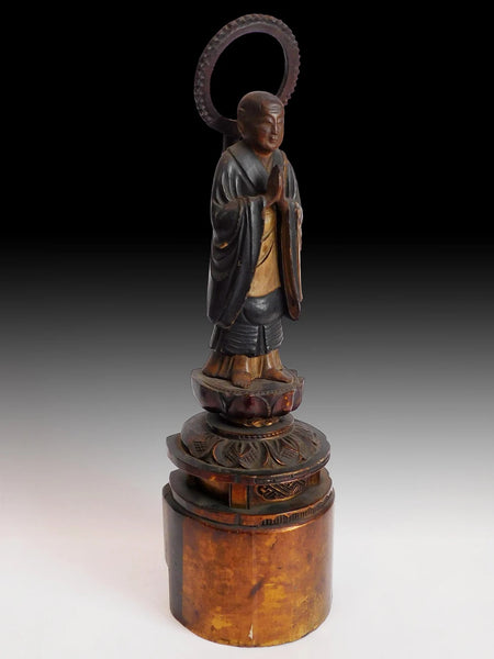 Antique Japanese Carved Jodo Shinshu Honen Shonin Buddha Statue 15 inch H 法然上人