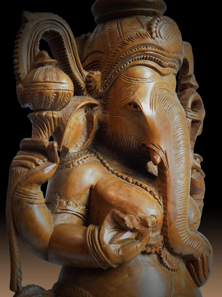 Vintage Sandalwood Four Armed Ganesha God of Wealth Buddha Statue 象头神