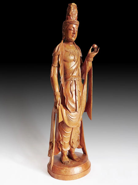 Vintage Japanese Carved Kannon Bosatsu Hinoki Wood Buddha Statue 24"H 観音菩薩