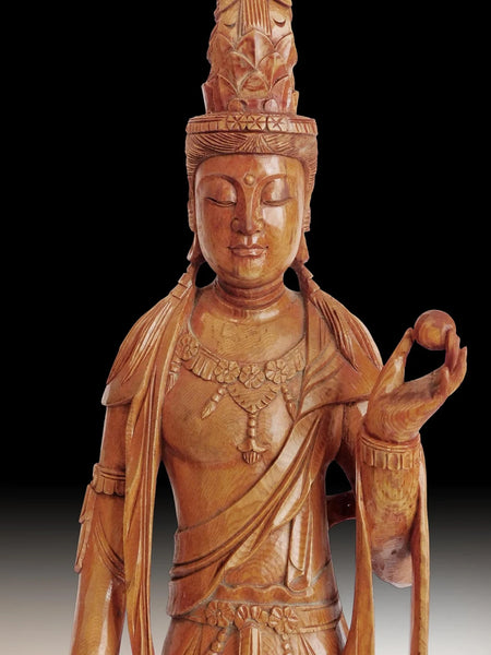 Vintage Japanese Carved Kannon Bosatsu Hinoki Wood Buddha Statue 24"H 観音菩薩