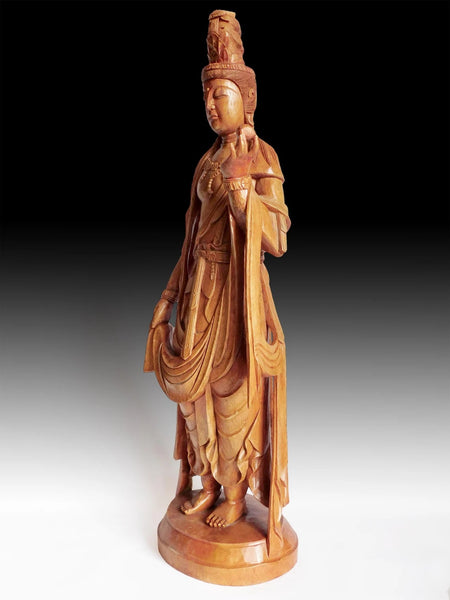 Vintage Japanese Carved Kannon Bosatsu Hinoki Wood Buddha Statue 24"H 観音菩薩