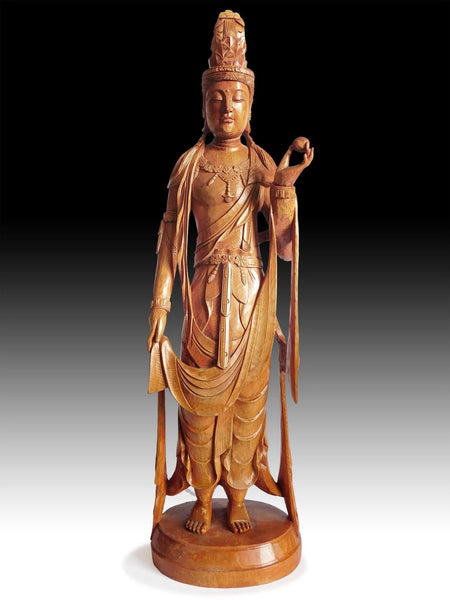 Vintage Japanese Carved Kannon Bosatsu Hinoki Wood Buddha Statue 24"H 観音菩薩