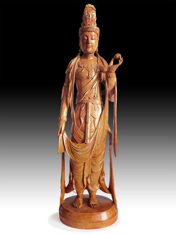 Vintage Japanese Carved Kannon Bosatsu Hinoki Wood Buddha Statue 24"H 観音菩薩
