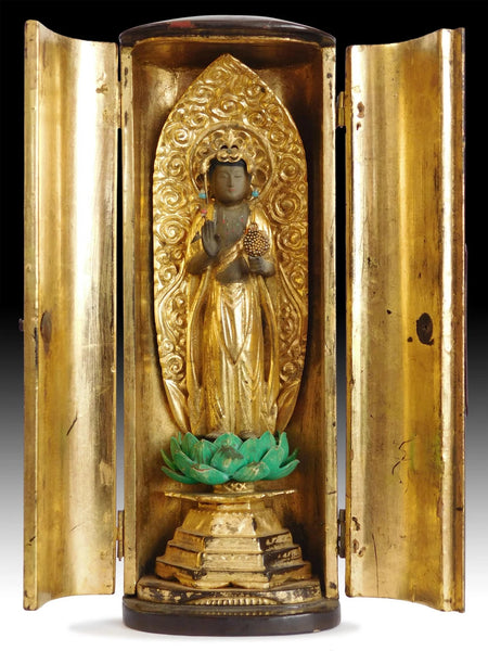 Antique Japanese Kannon Bosatsu Guan Yin Buddha Butsudan Wood Zushi Shrine 9 inch H 觀音菩薩仏壇