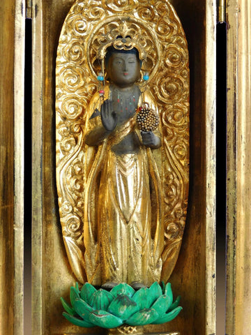 Antique Japanese Kannon Bosatsu Guan Yin Buddha Butsudan Wood Zushi Shrine 9 inch H 觀音菩薩仏壇