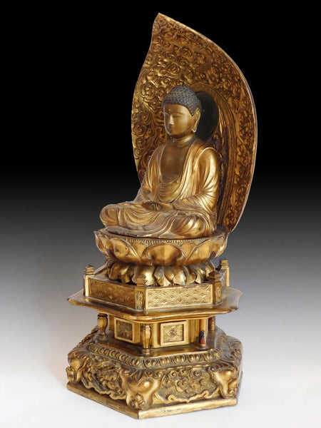 Edo Amida Nyorai Antique Japanese Gilt Wood Amitabha Buddha Shrine 18 inch H 阿弥陀如来