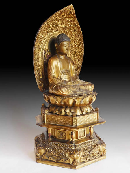 Edo Amida Nyorai Antique Japanese Gilt Wood Amitabha Buddha Shrine 18 inch H 阿弥陀如来