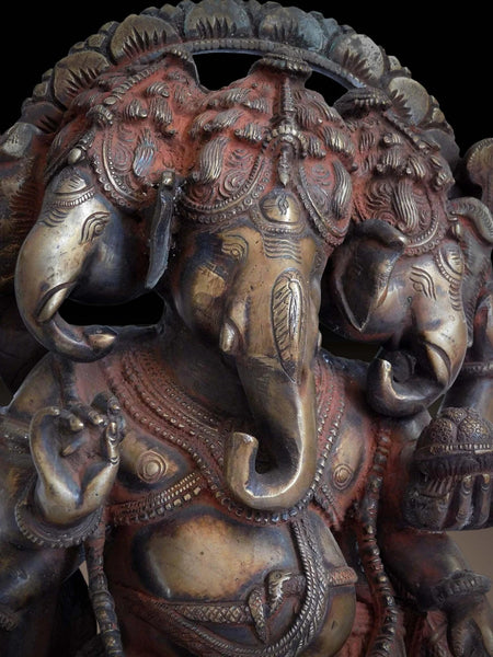 Vintage Hindu Three Headed Ganesha Elephant God Trimukha Ganapati Bronze Statue