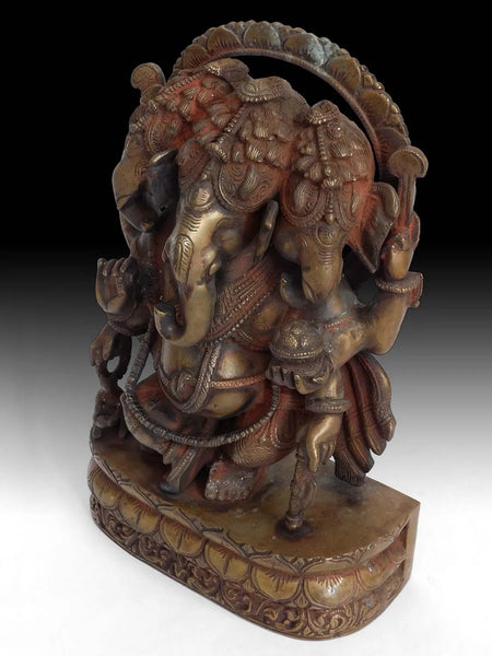 Vintage Hindu Three Headed Ganesha Elephant God Trimukha Ganapati Bronze Statue