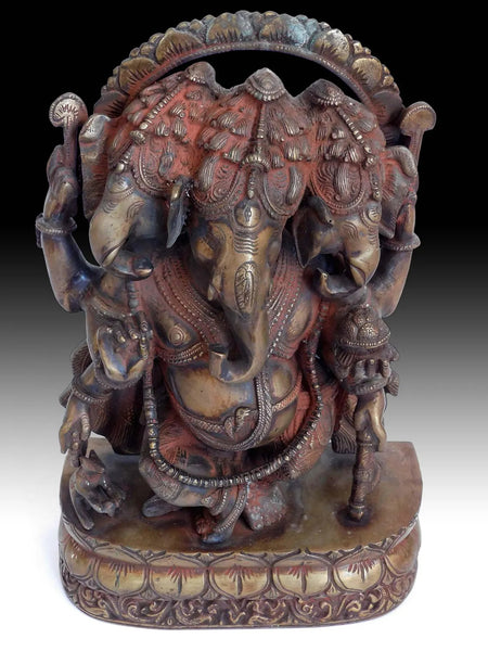 Vintage Hindu Three Headed Ganesha Elephant God Trimukha Ganapati Bronze Statue