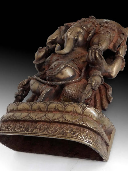 Vintage Hindu Three Headed Ganesha Elephant God Trimukha Ganapati Bronze Statue