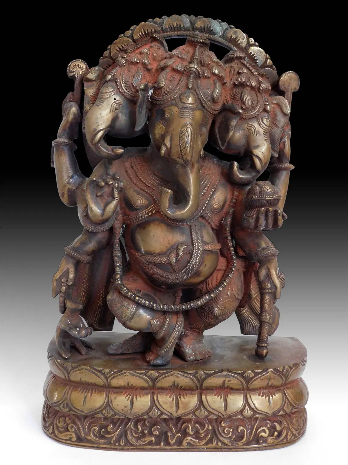 Vintage Hindu Three Headed Ganesha Elephant God Trimukha Ganapati Bronze Statue
