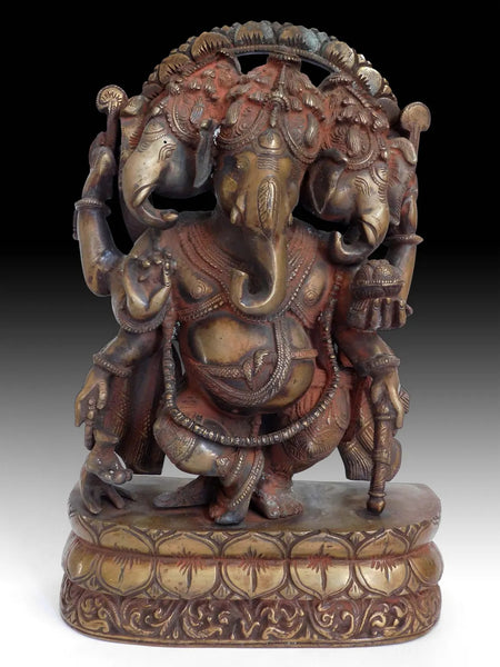 Vintage Hindu Three Headed Ganesha Elephant God Trimukha Ganapati Bronze Statue