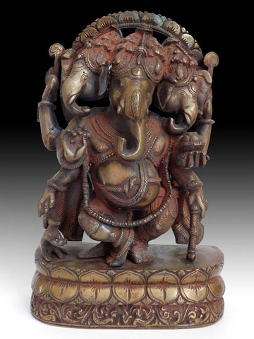 Vintage Hindu Three Headed Ganesha Elephant God Trimukha Ganapati Bronze Statue