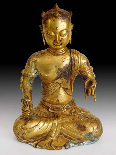 Antique Chinese Gilt Bronze Manjushri Bodhisattva of Wisdom Wenshu Buddha Statue 文殊菩薩像