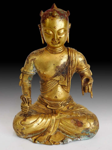 Antique Chinese Gilt Bronze Manjushri Bodhisattva of Wisdom Wenshu Buddha Statue 文殊菩薩像