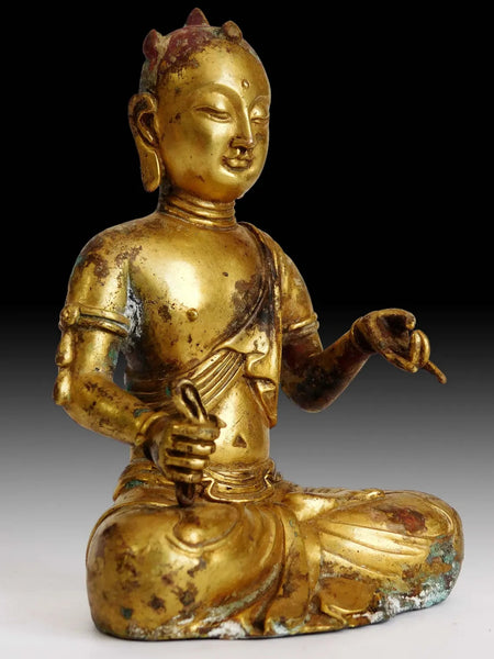 Antique Chinese Gilt Bronze Manjushri Bodhisattva of Wisdom Wenshu Buddha Statue 文殊菩薩像