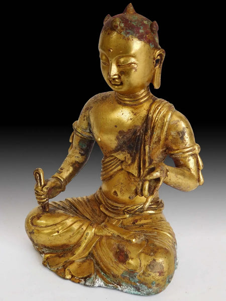 Antique Chinese Gilt Bronze Manjushri Bodhisattva of Wisdom Wenshu Buddha Statue 文殊菩薩像