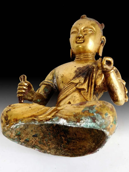 Antique Chinese Gilt Bronze Manjushri Bodhisattva of Wisdom Wenshu Buddha Statue 文殊菩薩像