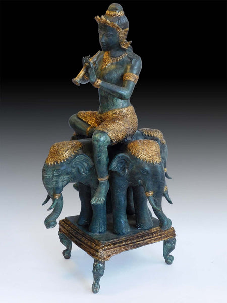 Vintage Javanese Mother Goddess Shachi on Four-Headed Elephant Indonesian Statue 17"H