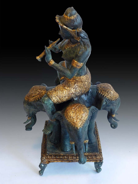 Vintage Javanese Mother Goddess Shachi on Four-Headed Elephant Indonesian Statue 17"H