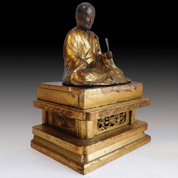 Zen Master Nichiren Shonin Antique Japanese Joined Blocks Gold Gilded Wood Statue 日蓮大聖人