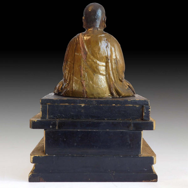 Zen Master Nichiren Shonin Antique Japanese Joined Blocks Gold Gilded Wood Statue 日蓮大聖人