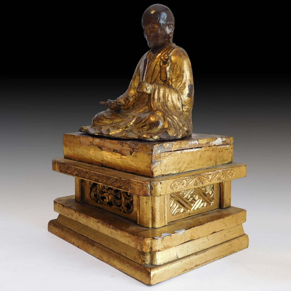 Zen Master Nichiren Shonin Antique Japanese Joined Blocks Gold Gilded Wood Statue 日蓮大聖人