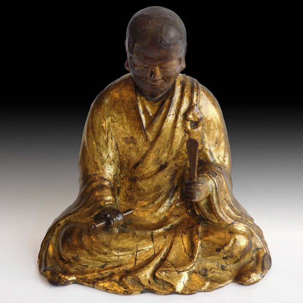 Zen Master Nichiren Shonin Antique Japanese Joined Blocks Gold Gilded Wood Statue 日蓮大聖人