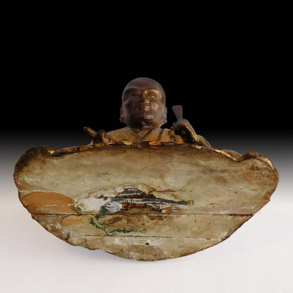 Zen Master Nichiren Shonin Antique Japanese Joined Blocks Gold Gilded Wood Statue 日蓮大聖人
