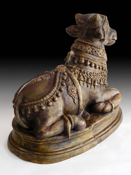 Lg Sitting Bull Nandi Vintage Bronze Hindu Temple Guardian Statue 神坐骑南迪牛