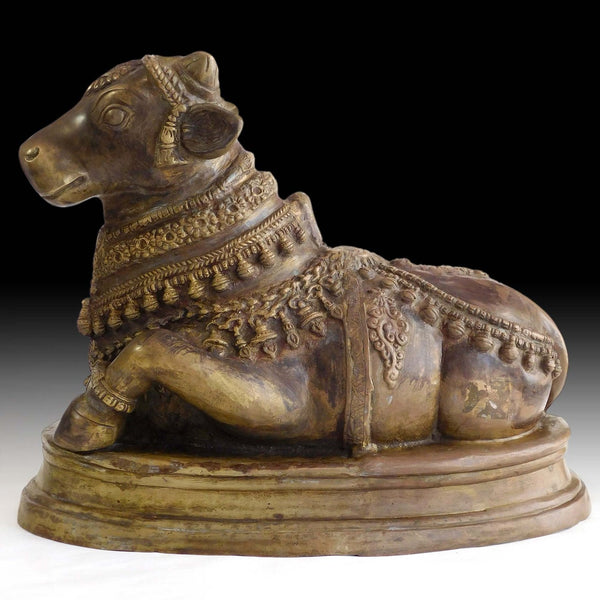 Lg Sitting Bull Nandi Vintage Bronze Hindu Temple Guardian Statue 神坐骑南迪牛