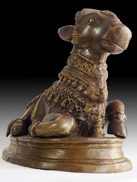 Lg Sitting Bull Nandi Vintage Bronze Hindu Temple Guardian Statue 神坐骑南迪牛